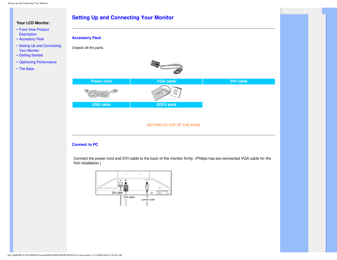 Philips 200WB7 user manual Setting Up and Connecting Your Monitor 