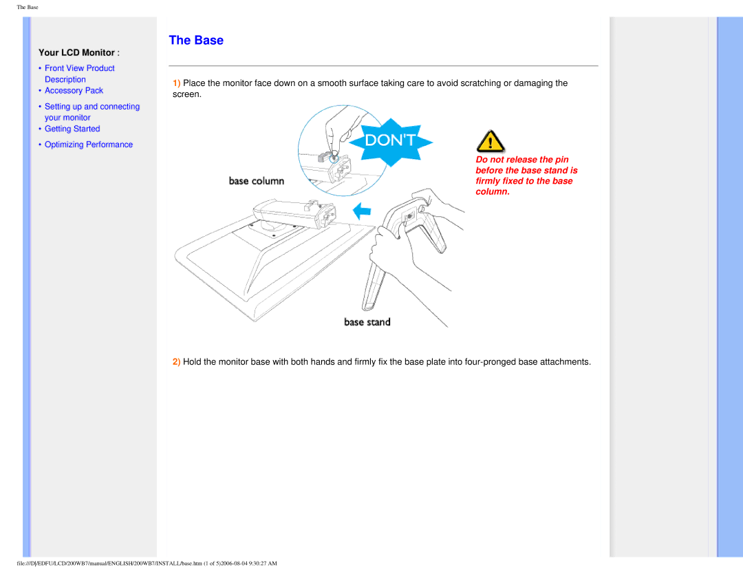 Philips 200WB7 user manual Base, Your LCD Monitor 