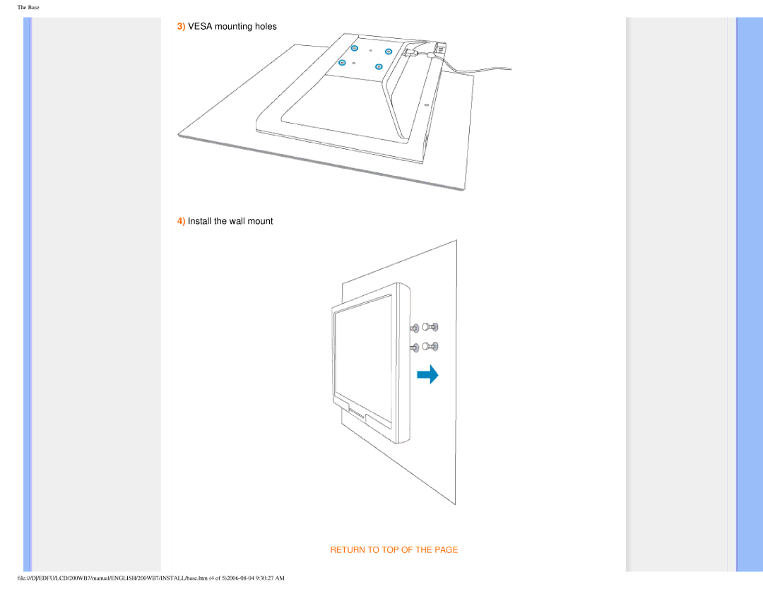 Philips 200WB7 user manual Vesa mounting holes Install the wall mount 