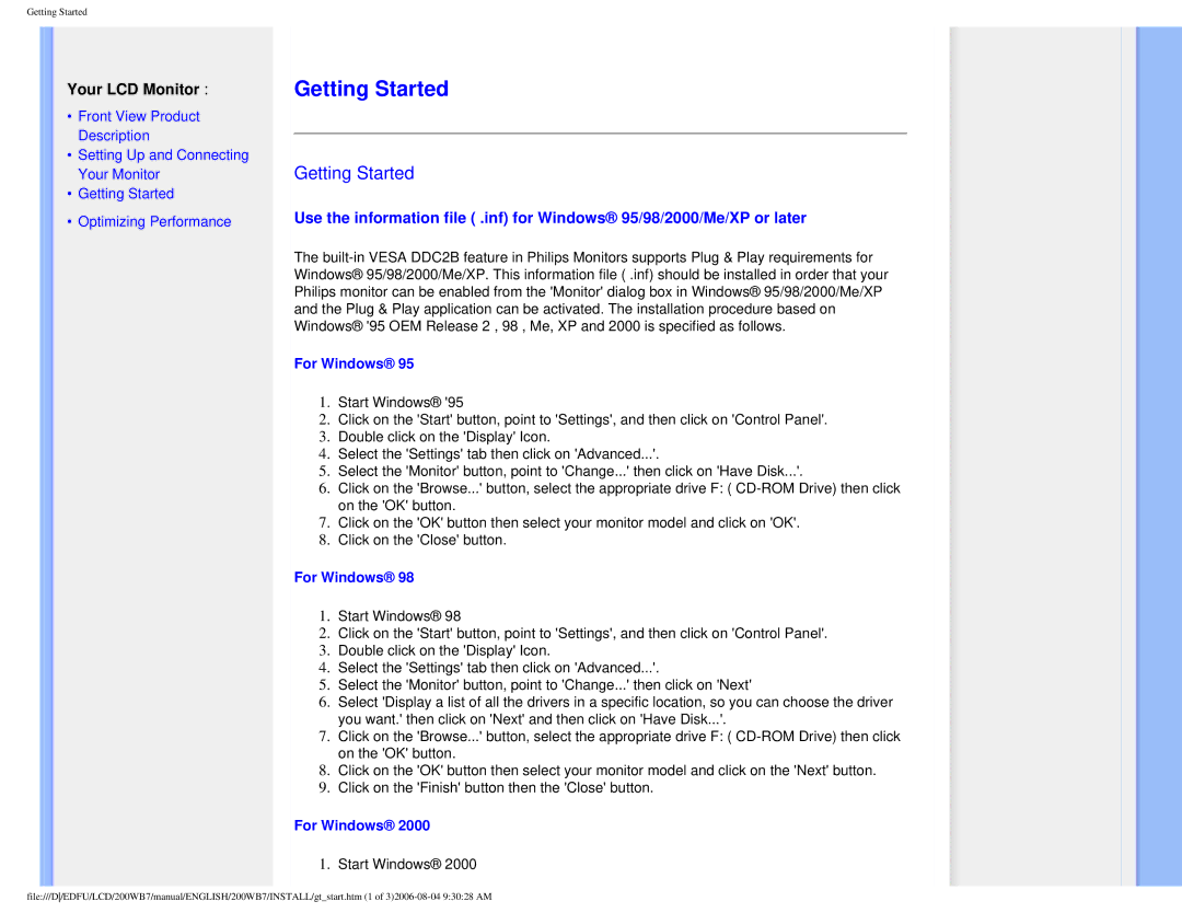 Philips 200WB7 user manual Getting Started, For Windows 