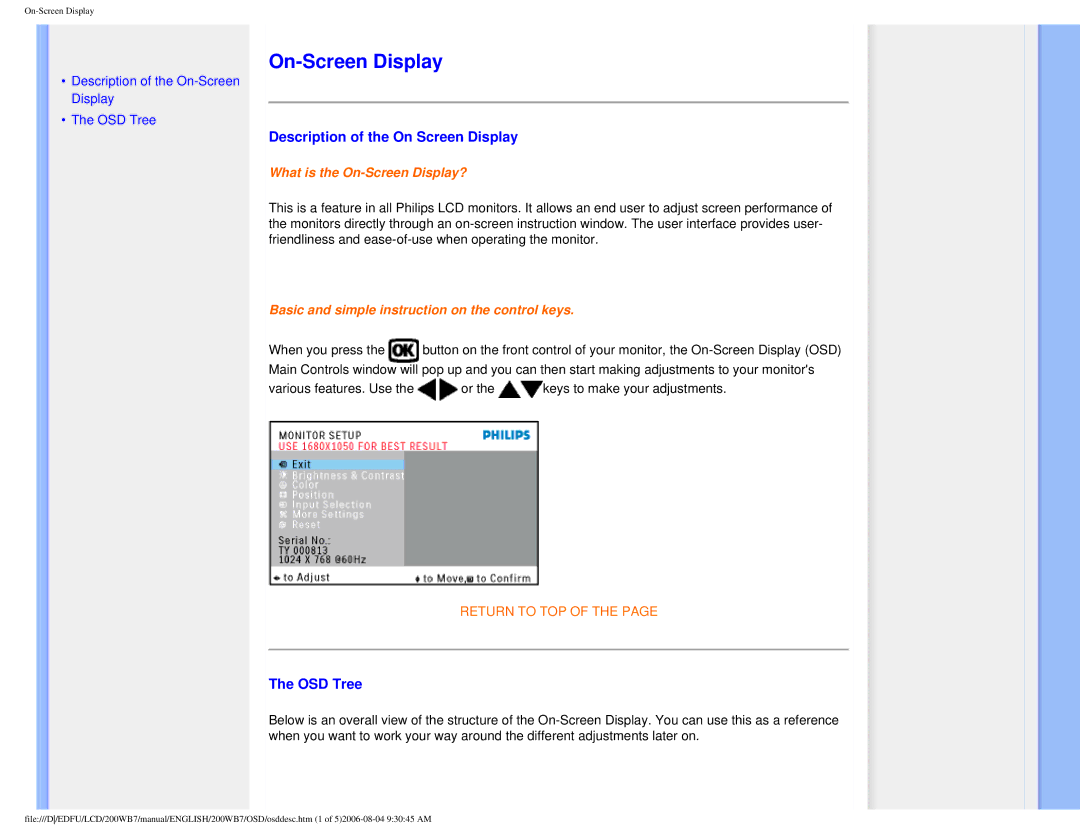 Philips 200WB7 user manual On-Screen Display, Description of the On Screen Display, OSD Tree 