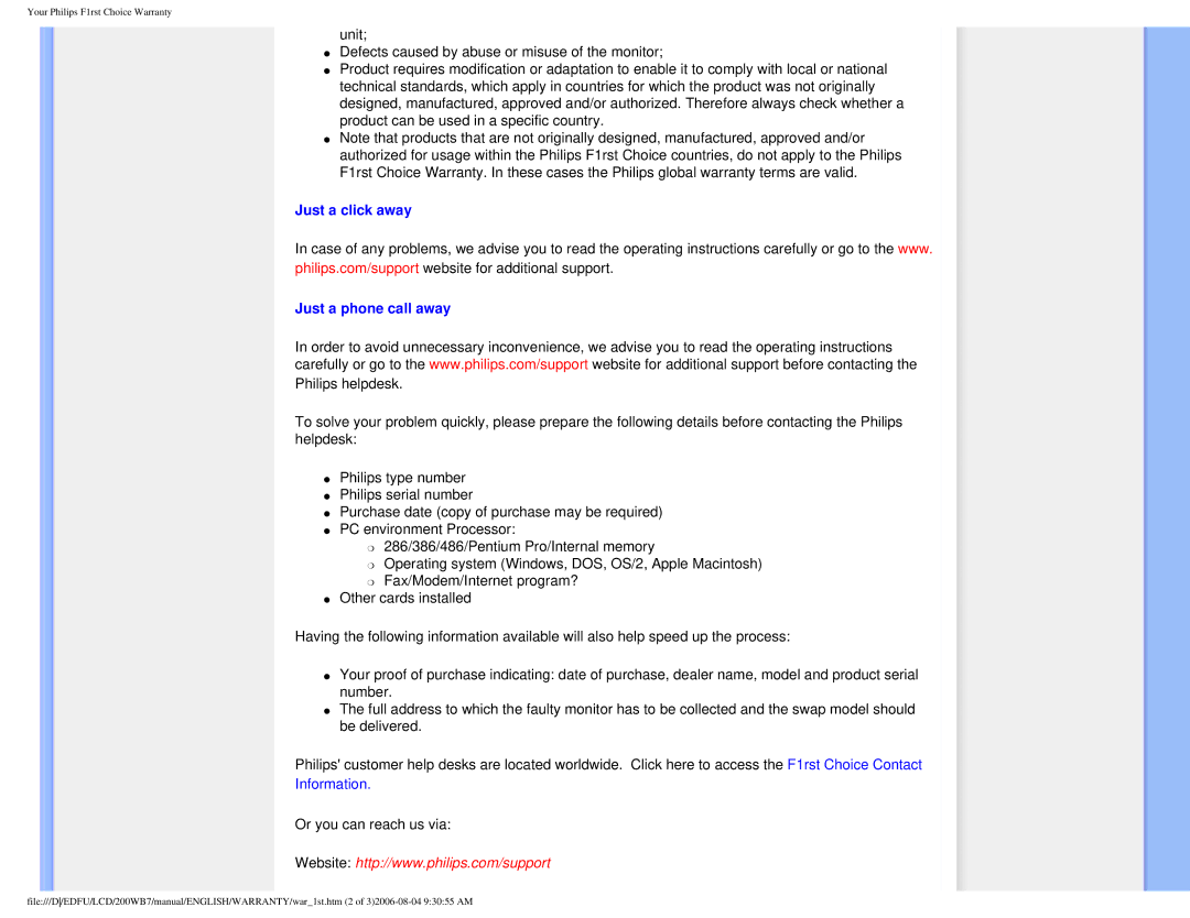 Philips 200WB7 user manual Just a click away Just a phone call away, Information 