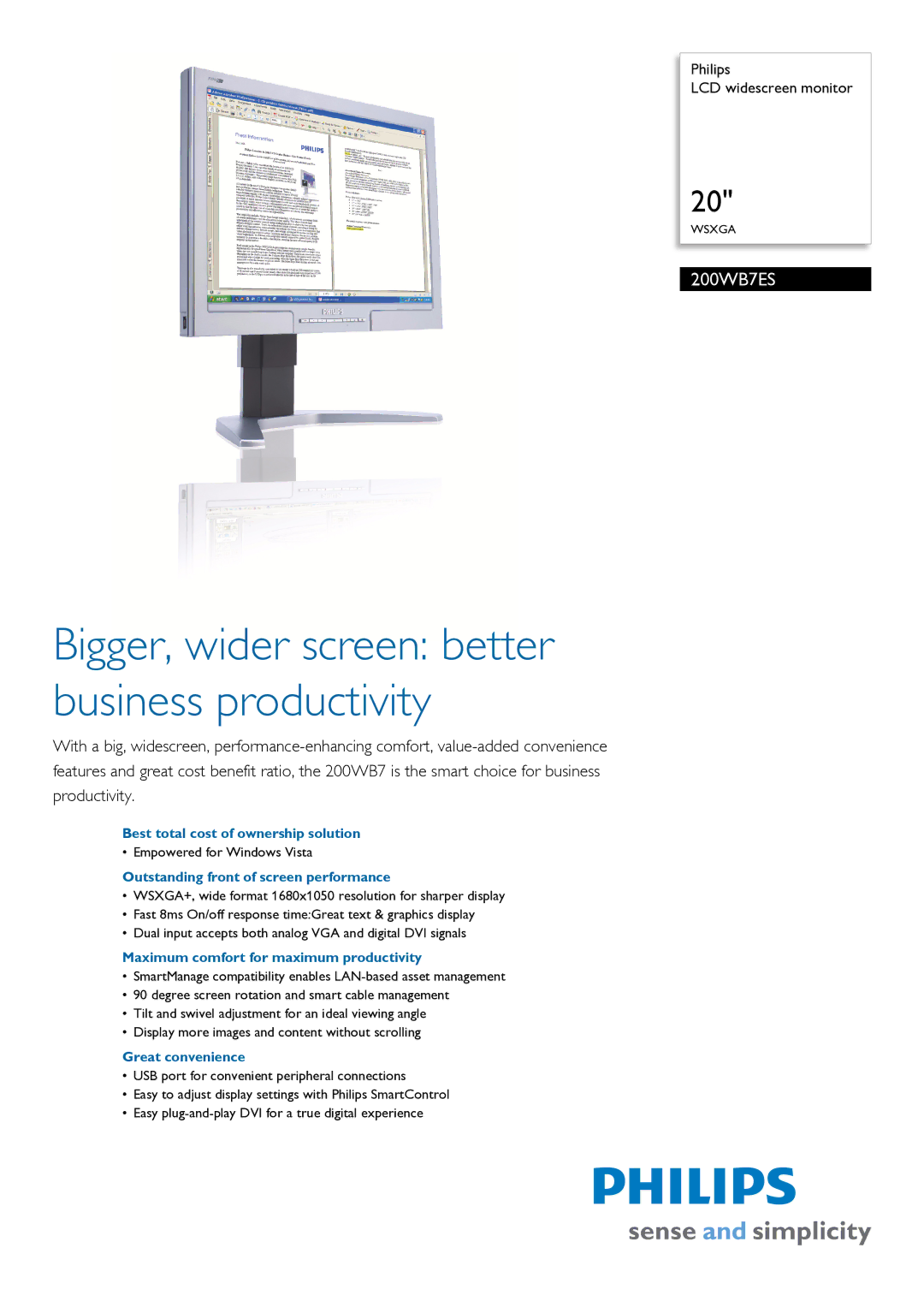 Philips 200WB7ES/00 manual Best total cost of ownership solution, Outstanding front of screen performance 