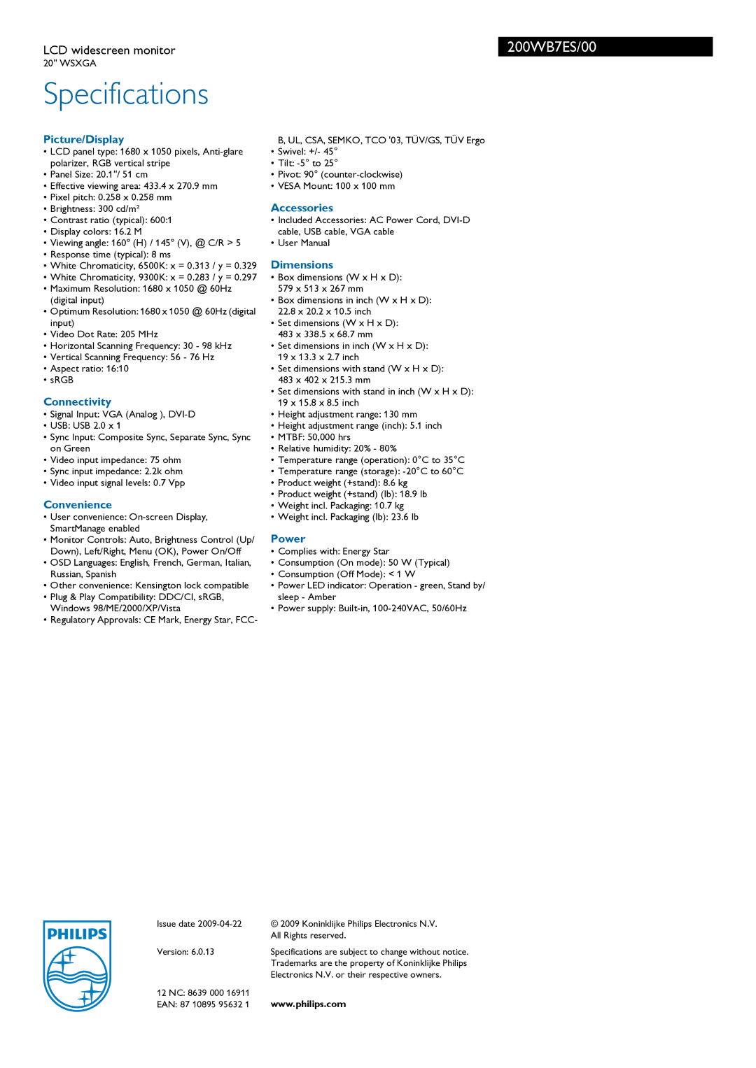 Philips 200WB7ES/00 manual Specifications 