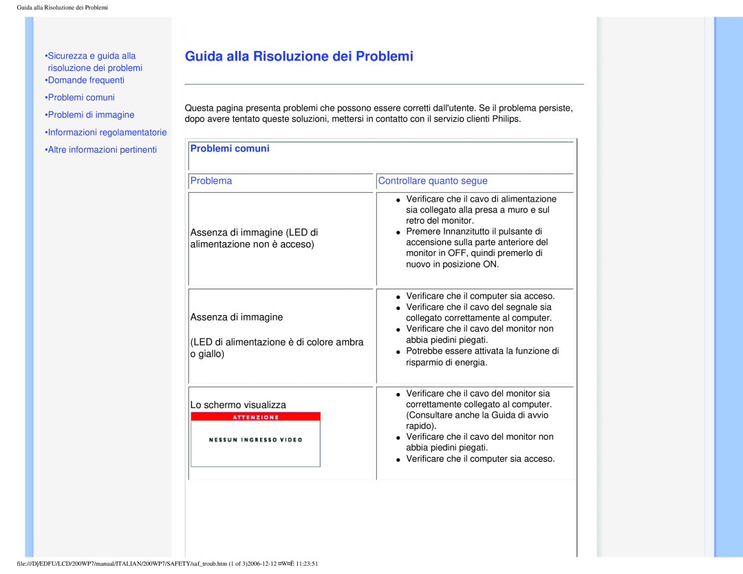 Philips 200WP7 user manual Guida alla Risoluzione dei Problemi, Problemi comuni, Problema, Lo schermo visualizza 