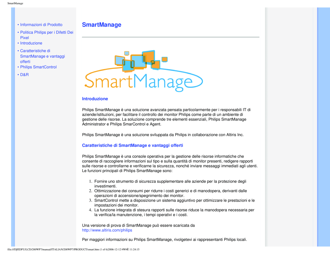Philips 200WP7 user manual Introduzione, Caratteristiche di SmartManage e vantaggi offerti, Philips SmartControl D&R 