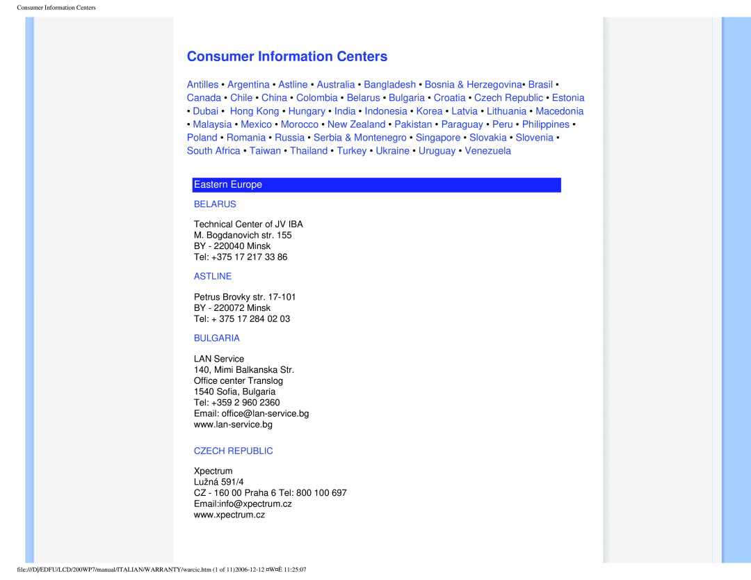 Philips 200WP7 user manual Consumer Information Centers, Eastern Europe 