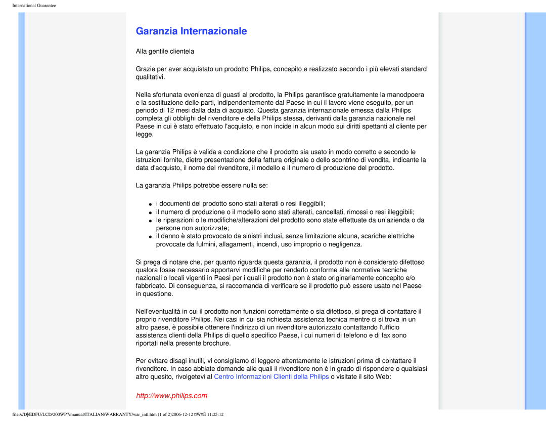 Philips 200WP7 user manual Garanzia Internazionale, International Guarantee 