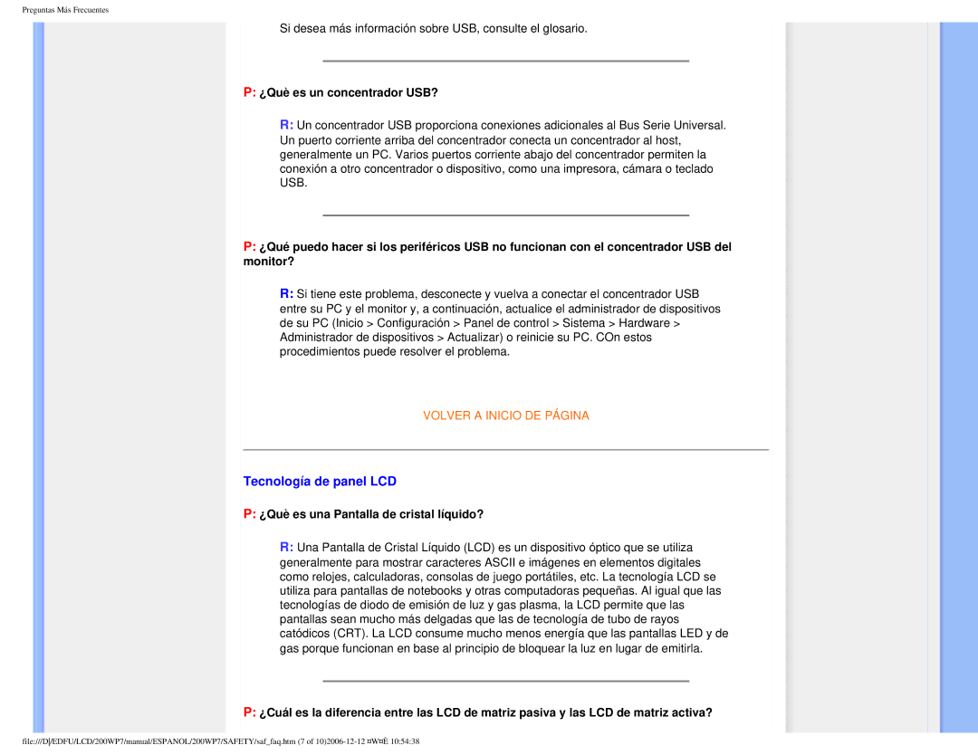 Philips 200WP7 user manual Tecnología de panel LCD, ¿Què es un concentrador USB?, ¿Què es una Pantalla de cristal líquido? 