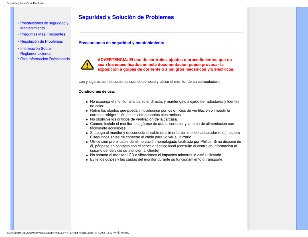 Philips 200WP7 user manual Seguridad y Solución de Problemas, Precauciones de seguridad y mantenimiento, Condiciones de uso 