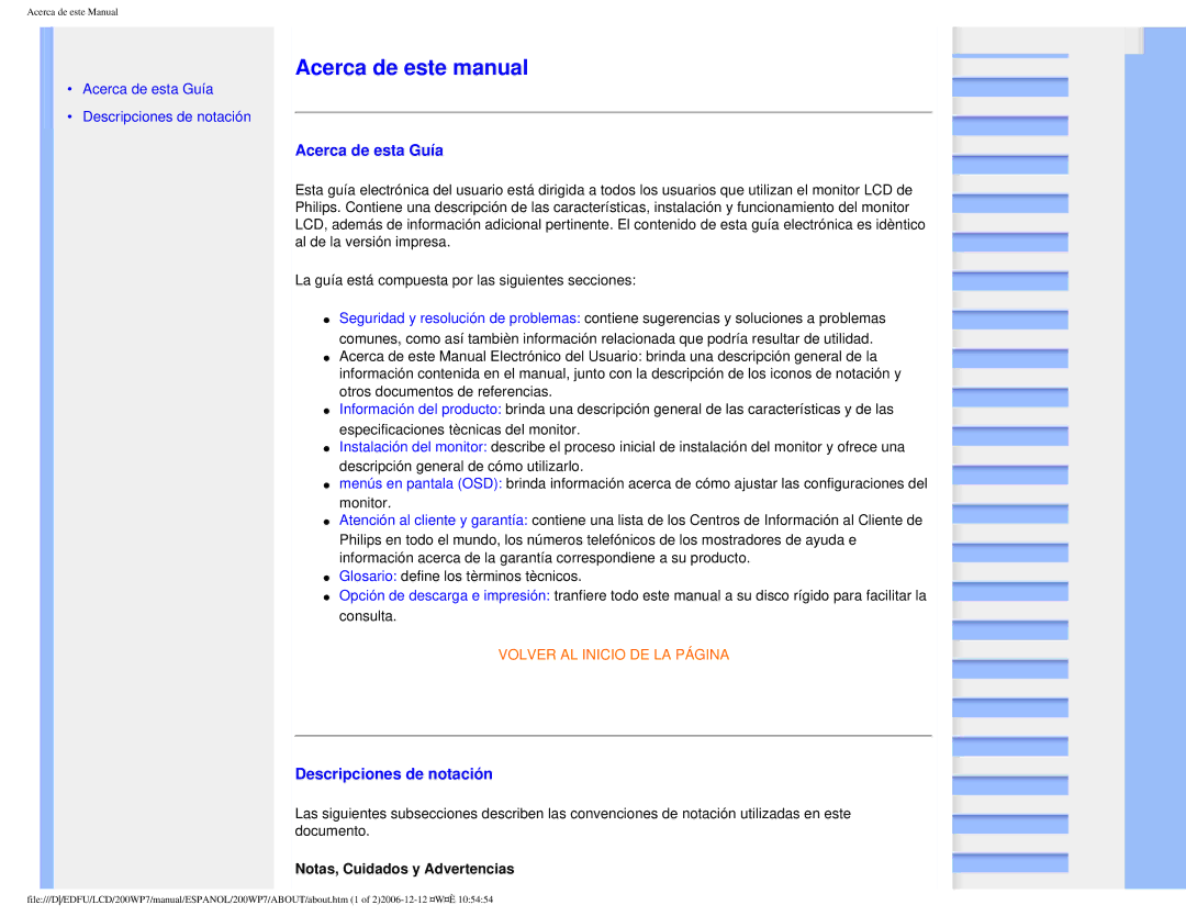 Philips 200WP7 Acerca de este manual, Acerca de esta Guía, Descripciones de notación, Notas, Cuidados y Advertencias 