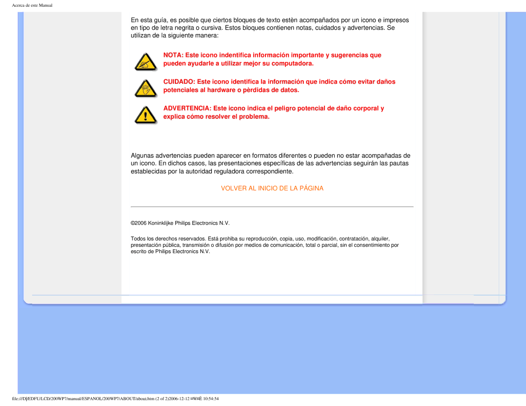 Philips 200WP7 user manual Volver AL Inicio DE LA Página 