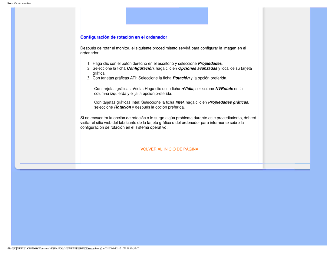 Philips 200WP7 user manual Configuración de rotación en el ordenador, Volver AL Inicio DE Página 