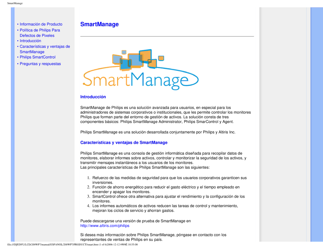 Philips 200WP7 user manual Introducción, Características y ventajas de SmartManage 