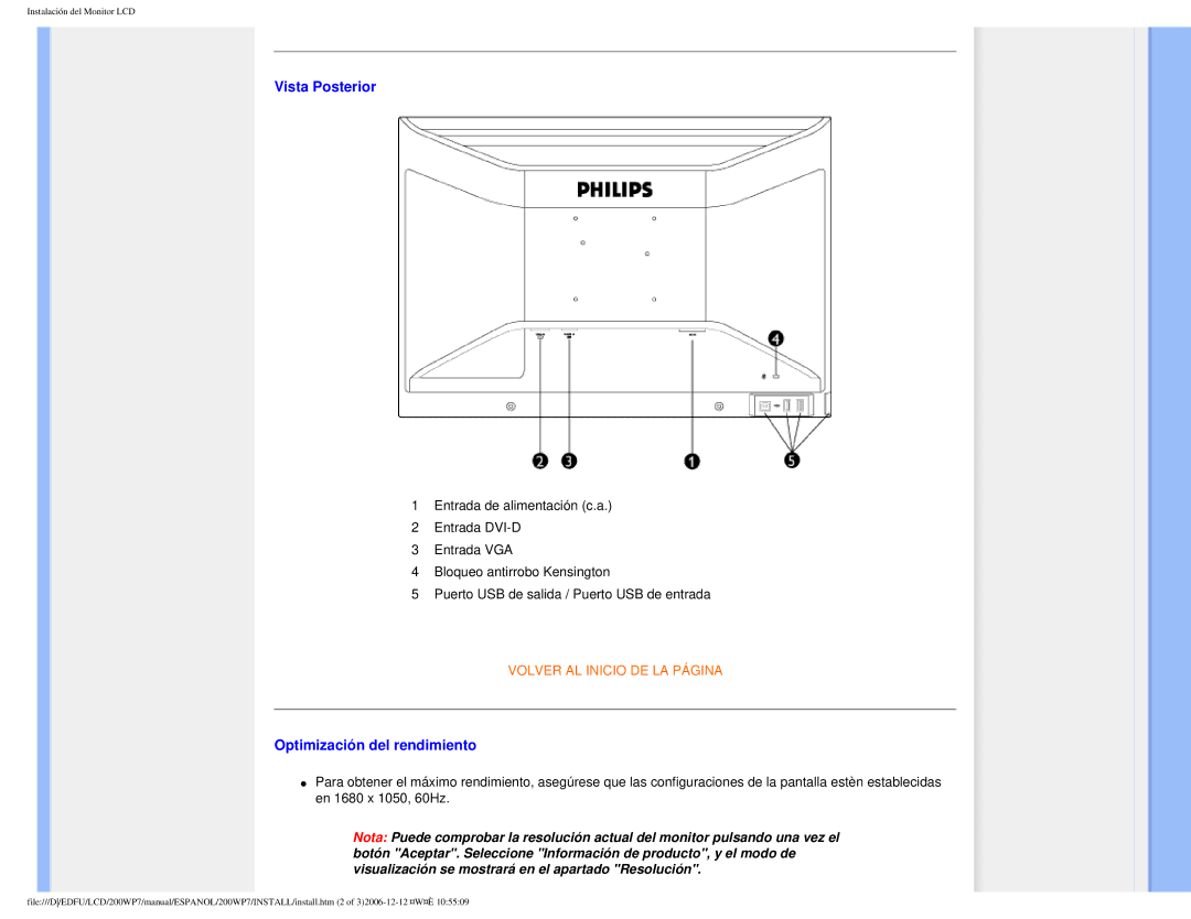 Philips 200WP7 user manual Vista Posterior, Optimización del rendimiento 