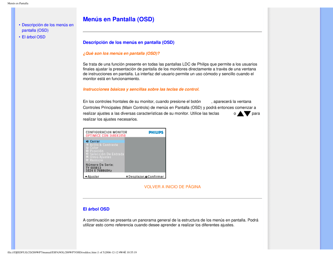 Philips 200WP7 user manual Menús en Pantalla OSD, Descripción de los menús en pantalla OSD, El árbol OSD 