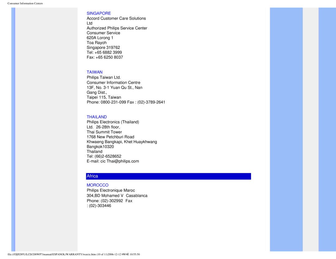 Philips 200WP7 user manual Singapore, Taiwan, Thailand, Morocco 