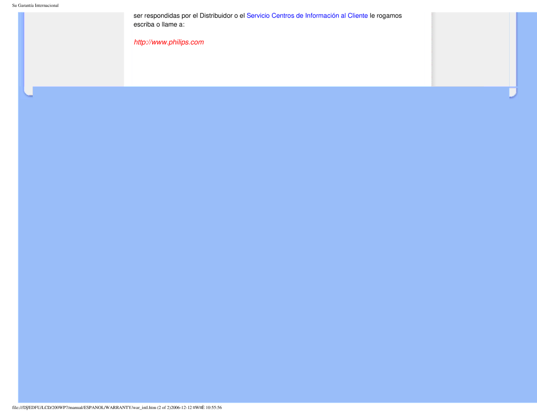 Philips 200WP7 user manual Su Garantía Internacional 