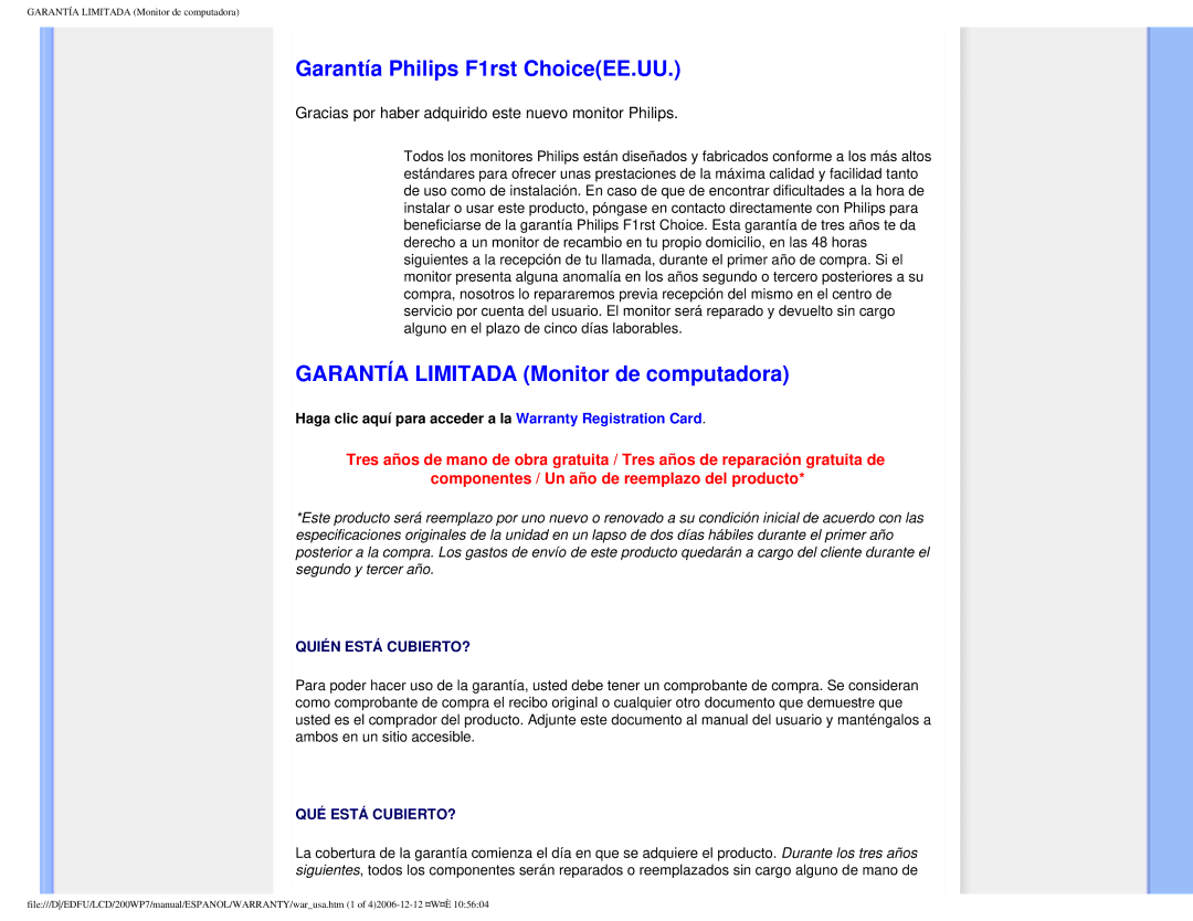 Philips 200WP7 user manual Garantía Philips F1rst ChoiceEE.UU, Garantía Limitada Monitor de computadora 