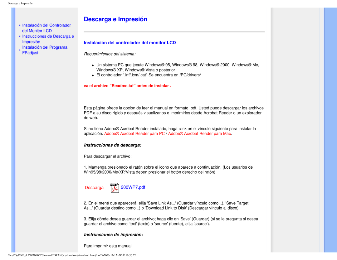 Philips 200WP7 user manual Descarga e Impresión, Instalación del controlador del monitor LCD 