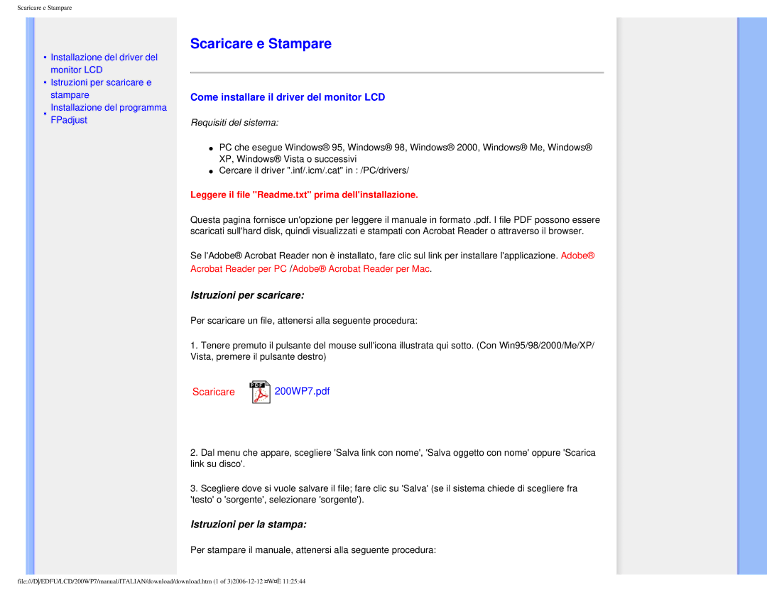 Philips 200WP7 user manual Scaricare e Stampare, Come installare il driver del monitor LCD 