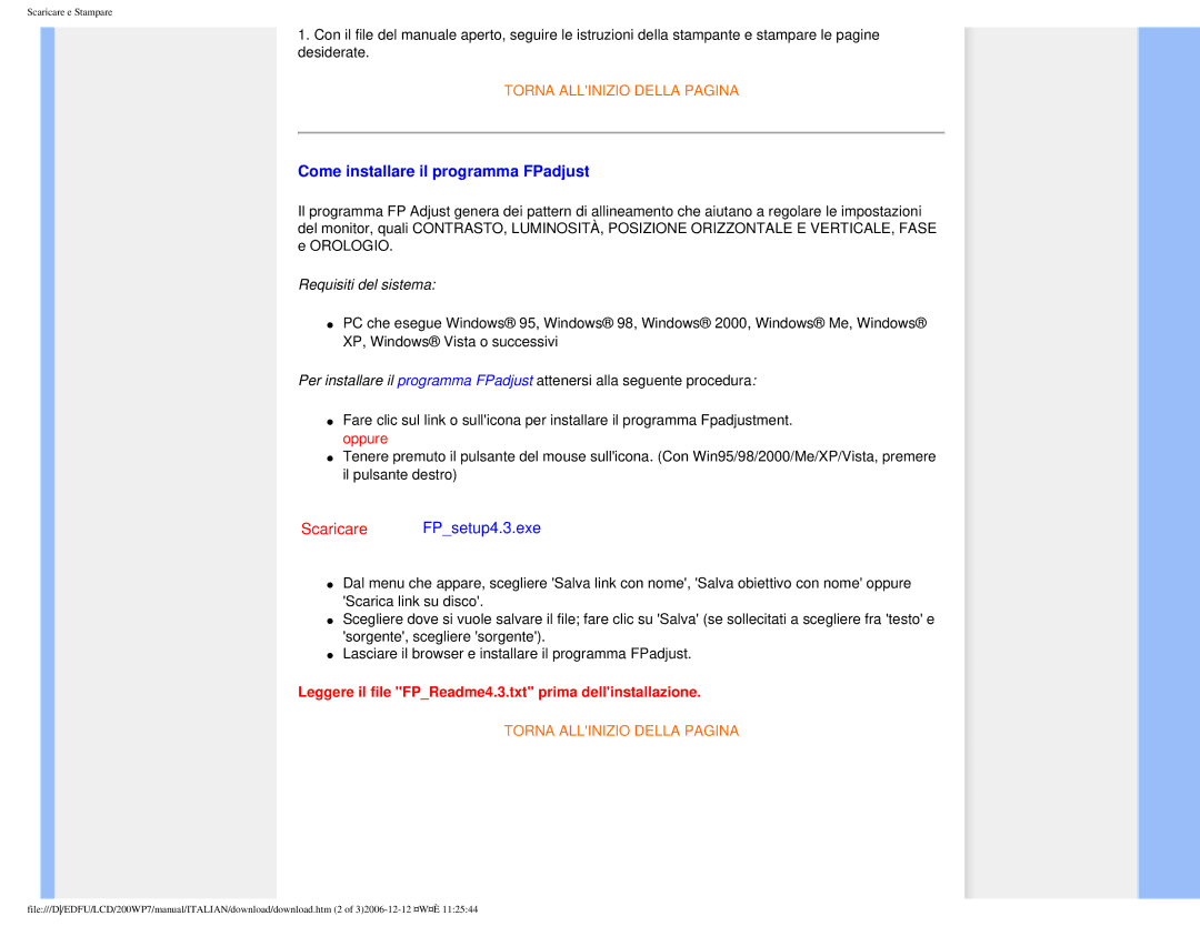 Philips 200WP7 user manual Come installare il programma FPadjust, Scaricare FPsetup4.3.exe 