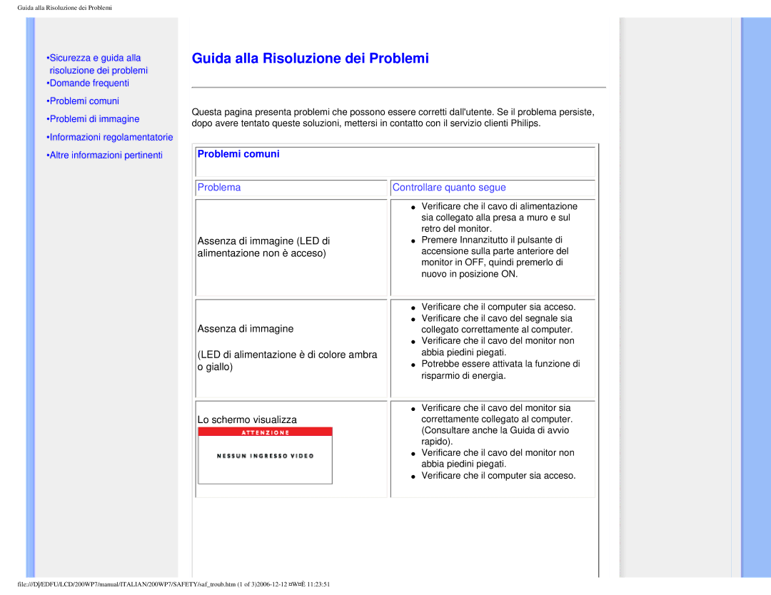 Philips 200WP7 user manual Guida alla Risoluzione dei Problemi, Problemi comuni 