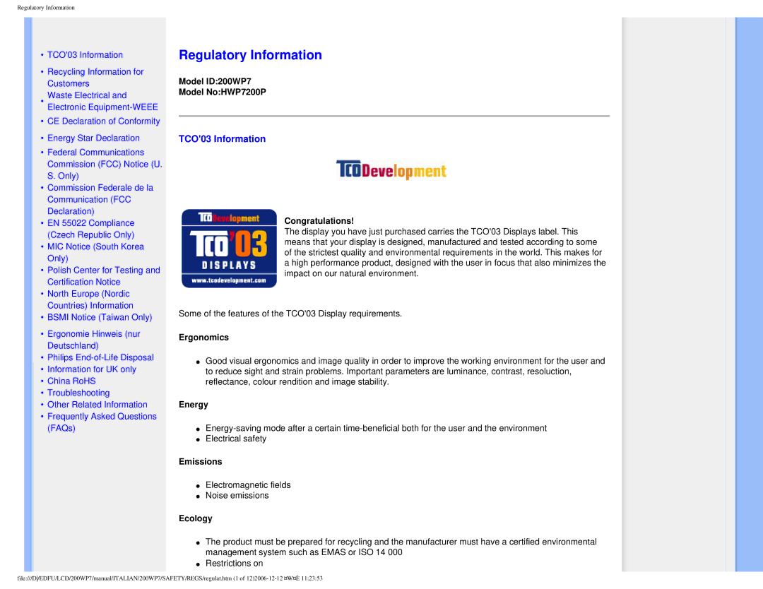 Philips 200WP7 user manual Regulatory Information, TCO03 Information 