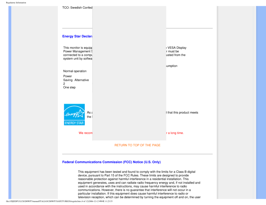 Philips 200WP7 user manual Energy Star Declaration, Federal Communications Commission FCC Notice U.S. Only 