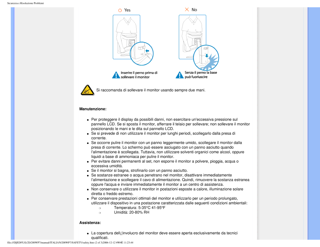 Philips 200WP7 user manual Manutenzione, Assistenza 