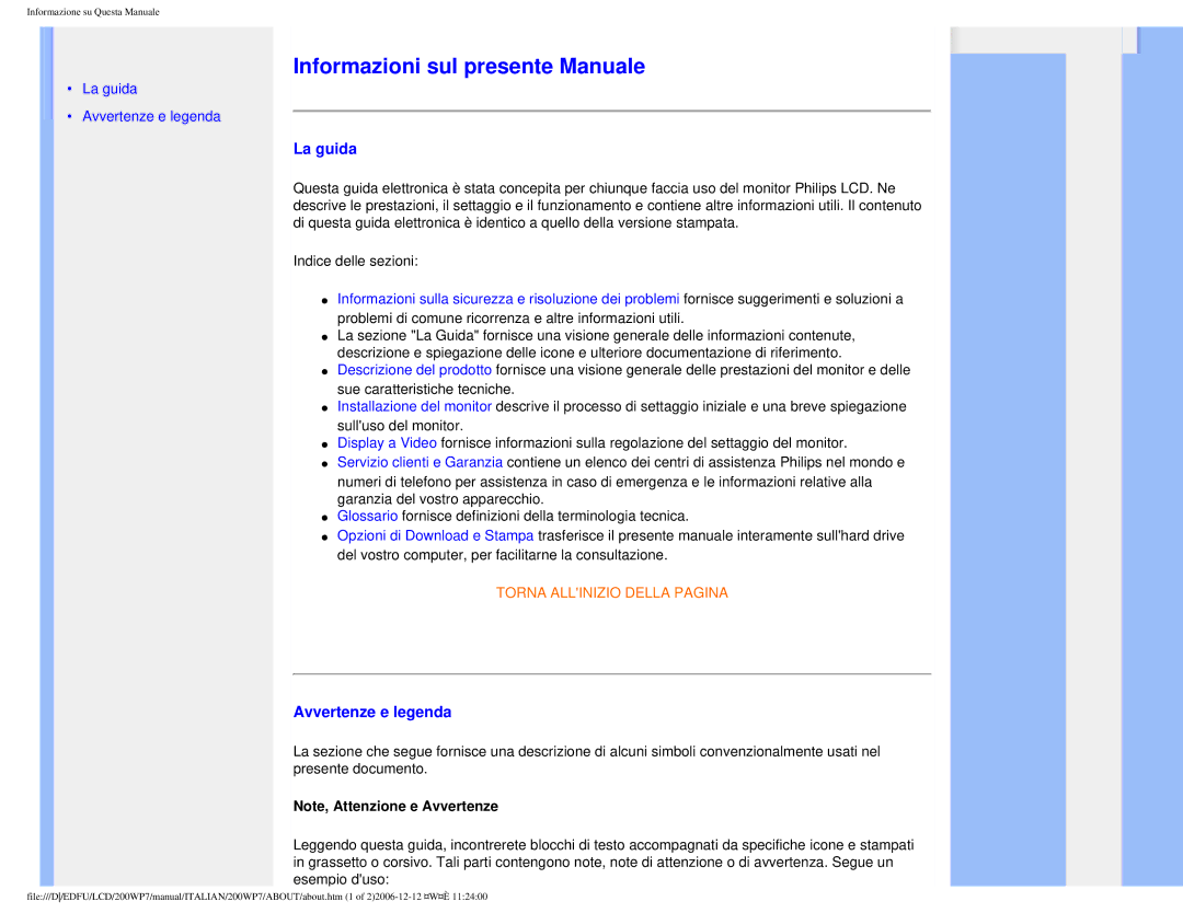 Philips 200WP7 user manual Informazioni sul presente Manuale, La guida, Avvertenze e legenda 
