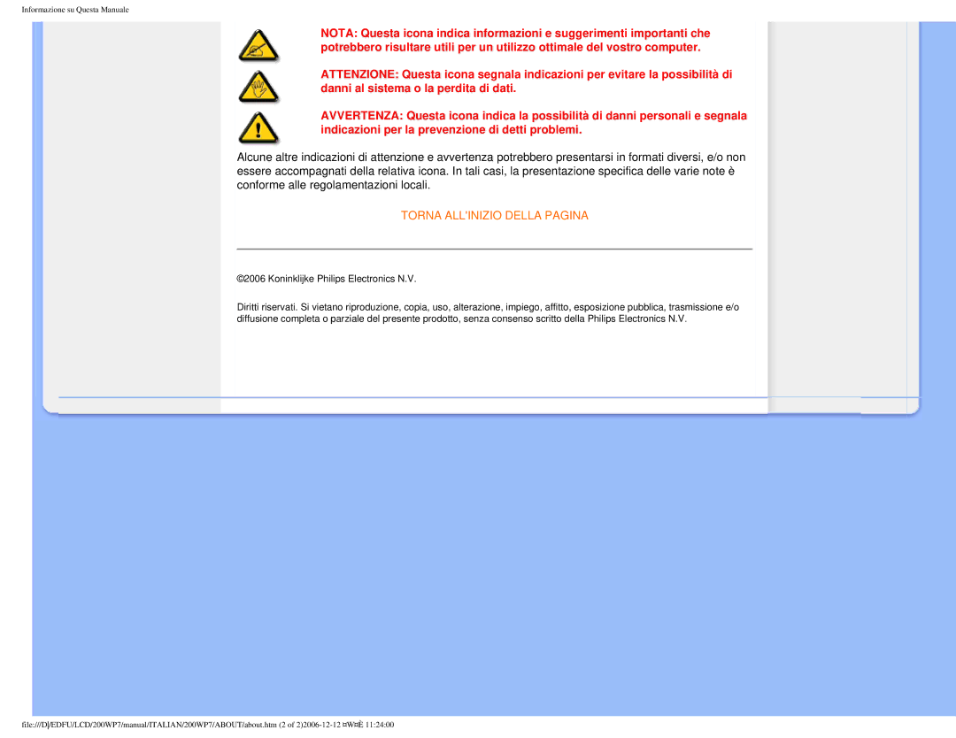 Philips 200WP7 user manual Torna Allinizio Della Pagina 