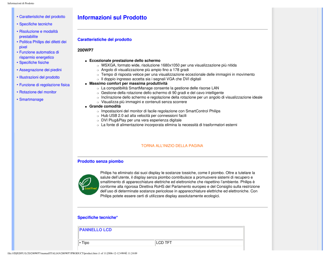 Philips 200WP7 user manual Caratteristiche del prodotto, Prodotto senza piombo, Specifiche tecniche 