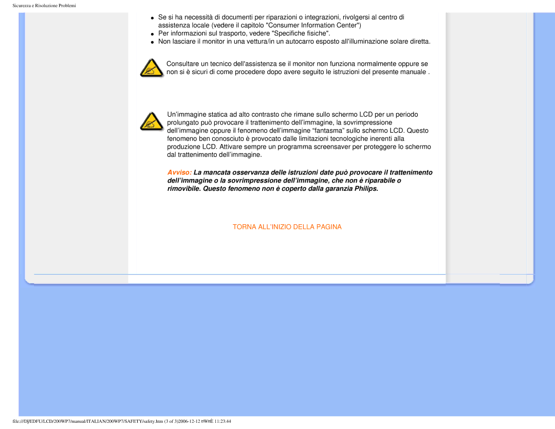 Philips 200WP7 user manual Torna ALL’INIZIO Della Pagina 