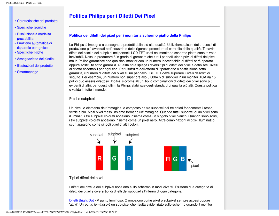 Philips 200WP7 user manual Politica Philips per i Difetti Dei Pixel, Pixel e subpixel 