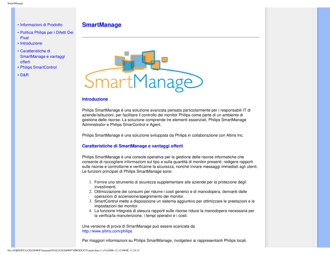 Philips 200WP7 user manual Introduzione, Caratteristiche di SmartManage e vantaggi offerti 