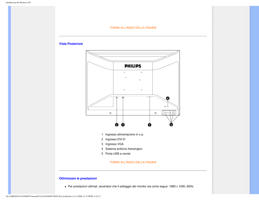 Philips 200WP7 user manual Vista Posteriore, Ottimizzare le prestazioni 