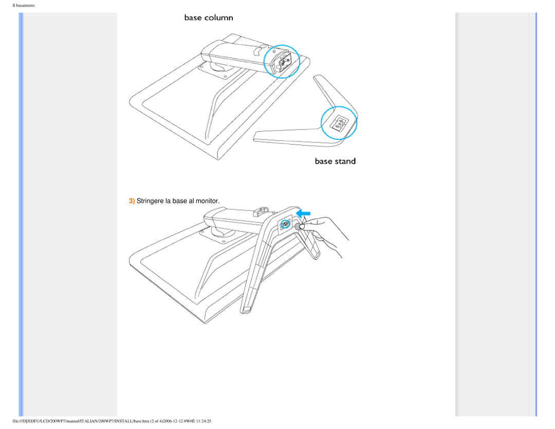 Philips 200WP7 user manual Stringere la base al monitor 