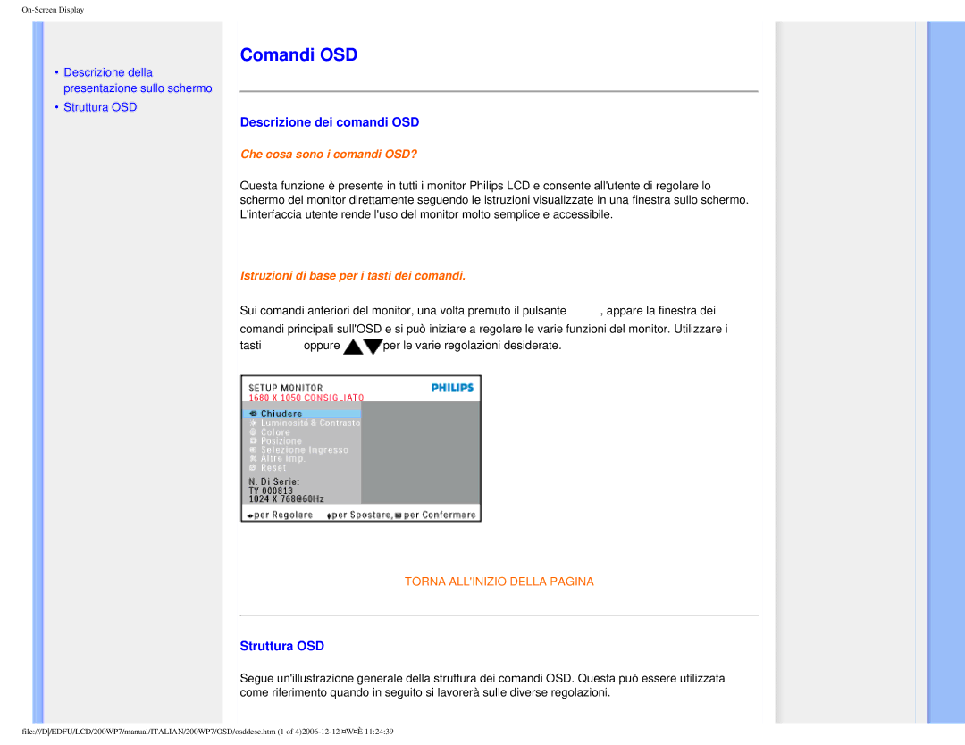 Philips 200WP7 user manual Comandi OSD, Descrizione dei comandi OSD, Struttura OSD 