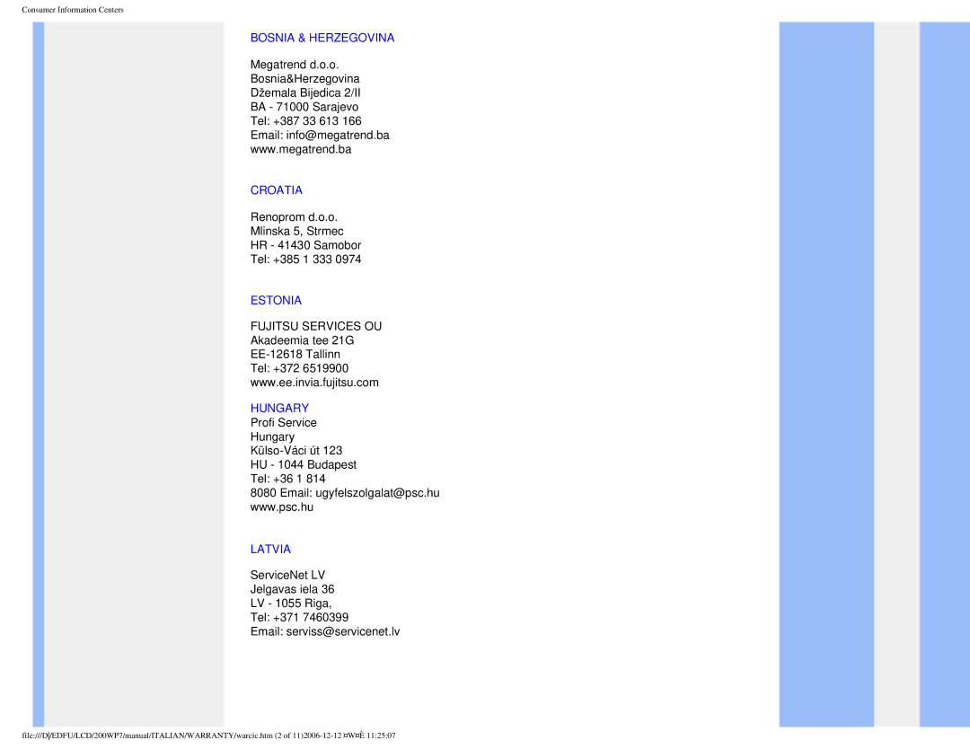 Philips 200WP7 user manual Bosnia & Herzegovina, Croatia, Estonia, Hungary, Latvia 