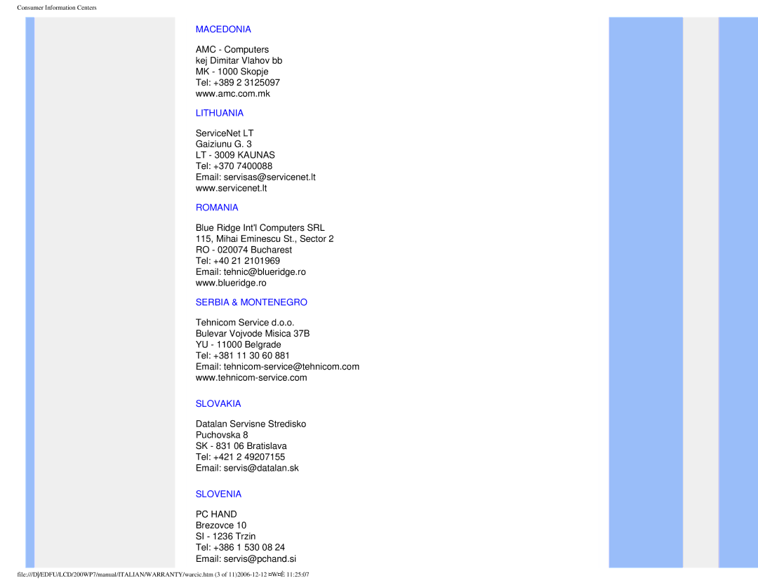 Philips 200WP7 user manual Macedonia Lithuania, Romania, Serbia & Montenegro, Slovakia, Slovenia 