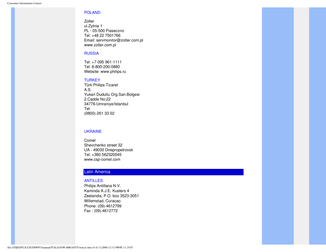 Philips 200WP7 user manual Poland, Russia, Turkey, Ukraine, Antilles 