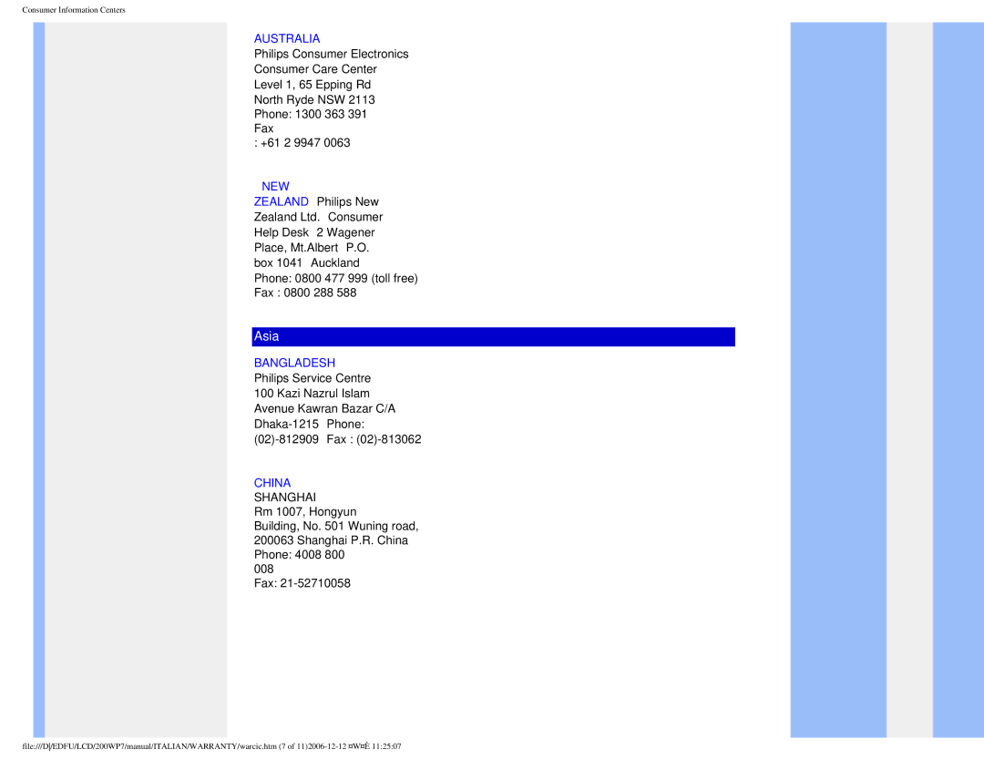 Philips 200WP7 user manual Australia, New, Bangladesh, China Shanghai 