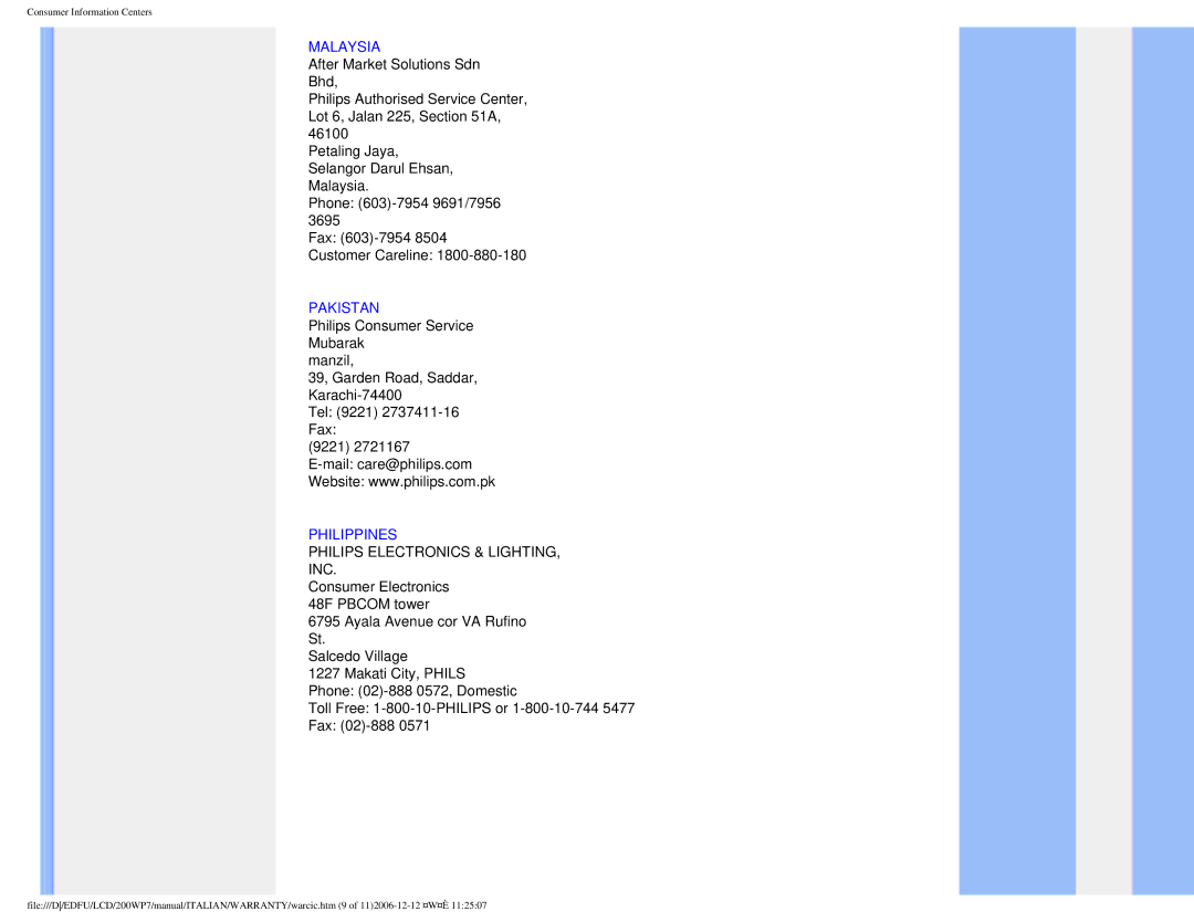 Philips 200WP7 user manual Malaysia, Pakistan, Philippines 