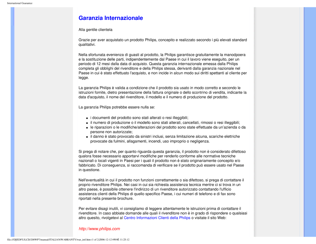 Philips 200WP7 user manual Garanzia Internazionale 
