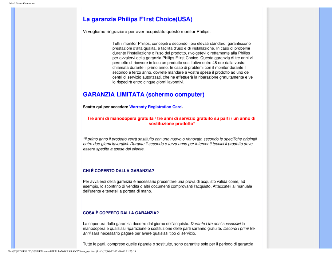 Philips 200WP7 user manual La garanzia Philips F1rst ChoiceUSA, Garanzia Limitata schermo computer 