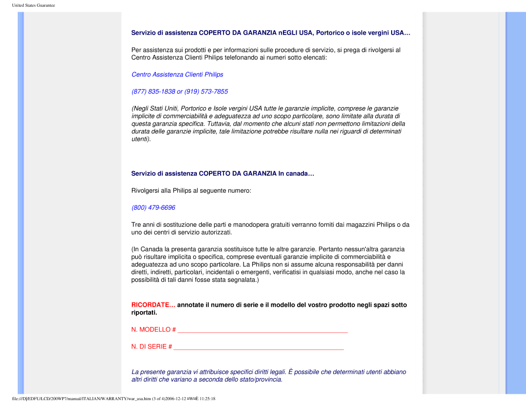 Philips 200WP7 user manual Servizio di assistenza Coperto DA Garanzia In canada… 