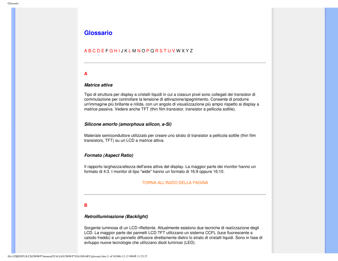 Philips 200WP7 user manual Glossario, Matrice attiva 