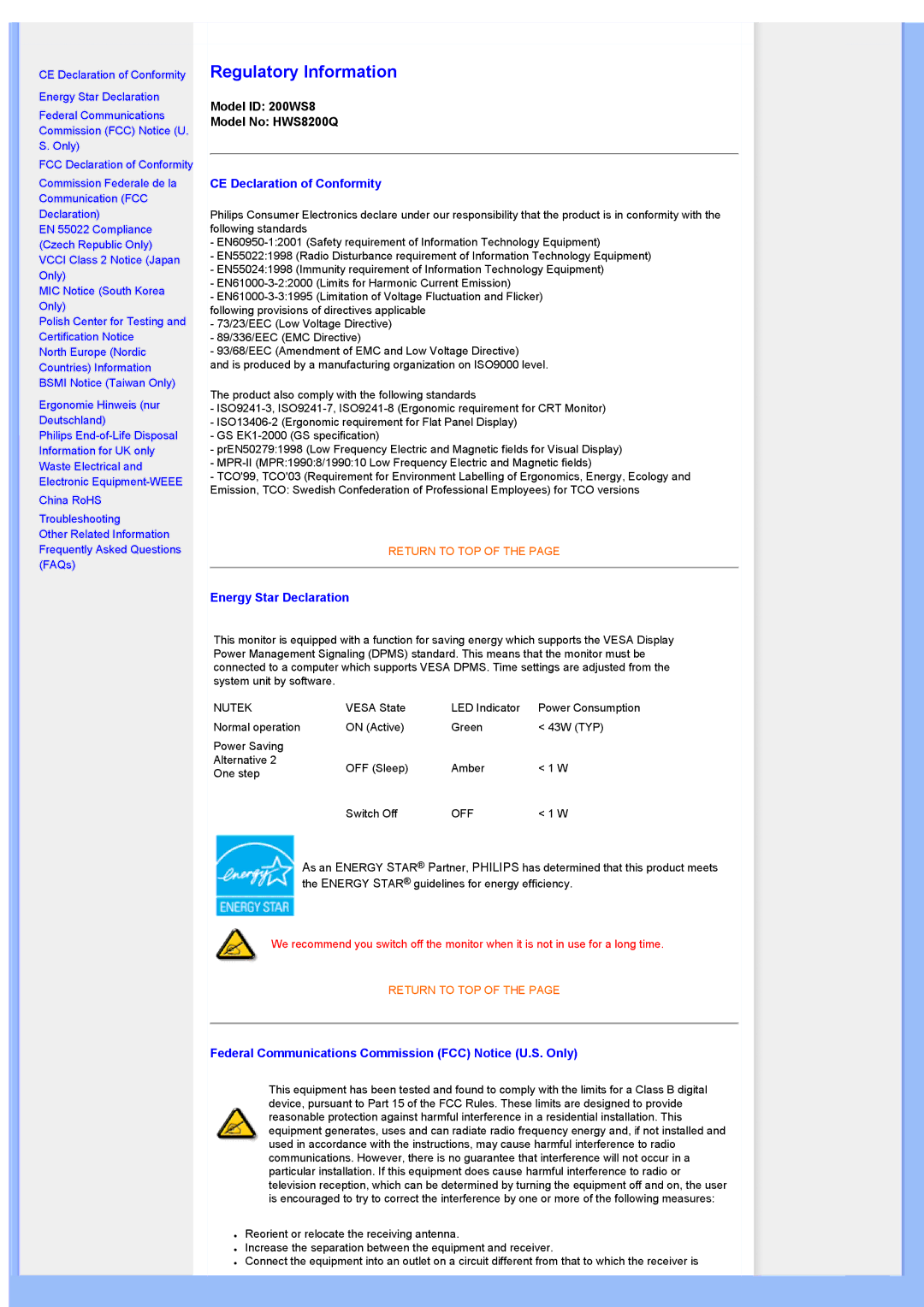 Philips 200WS8 user manual Regulatory Information 