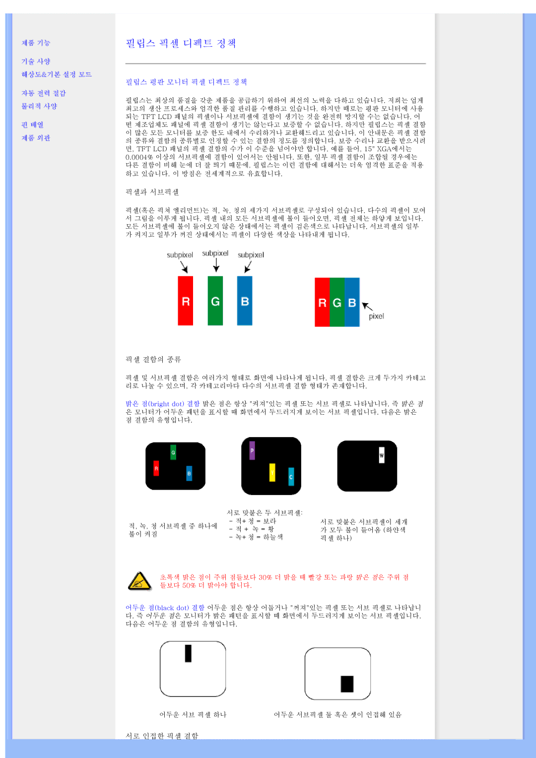 Philips 200WS8 user manual 필립스 픽셀 디펙트 정책, 필립스 평판 모니터 픽셀 디펙트 정책 